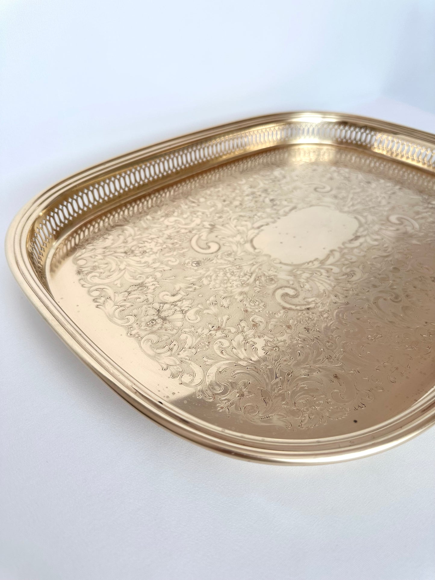 Vintage large etched rectangular brass gallery tray