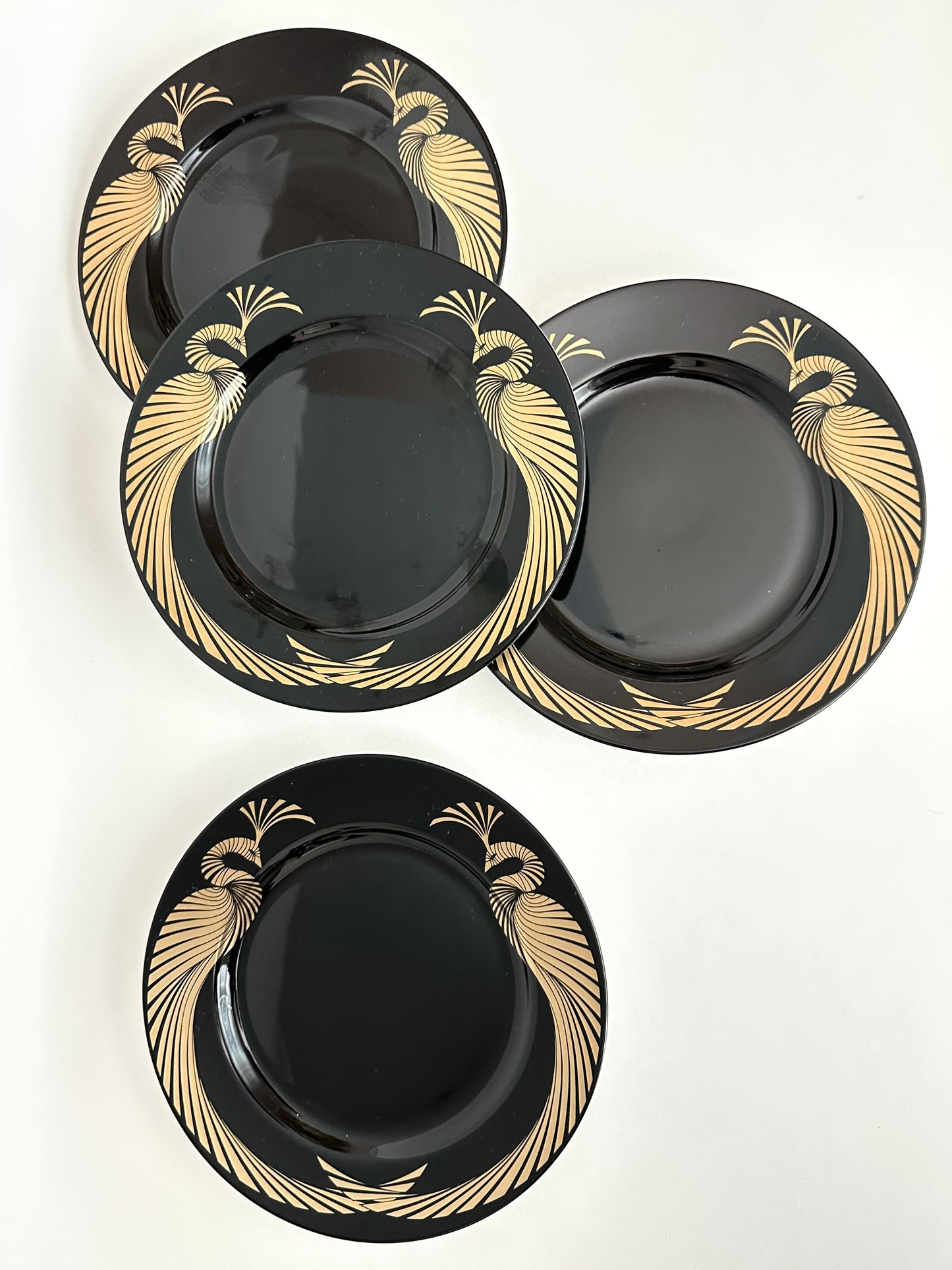 vintage black porcelain small plates featuring a gold metallic phoenix design by Fitz and Floyd set of four or set of six