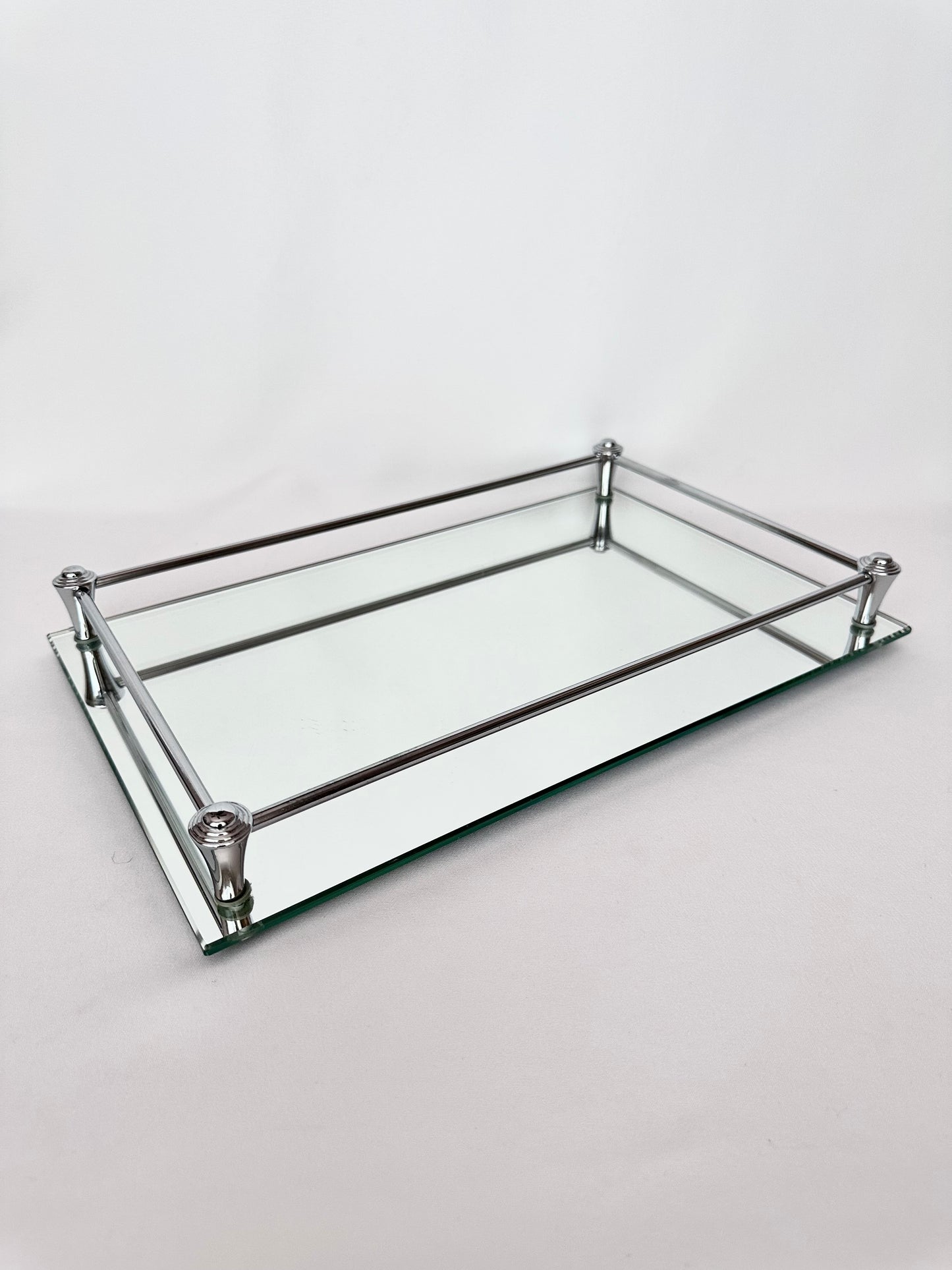 silver framed mirrored rectangular vanity tray