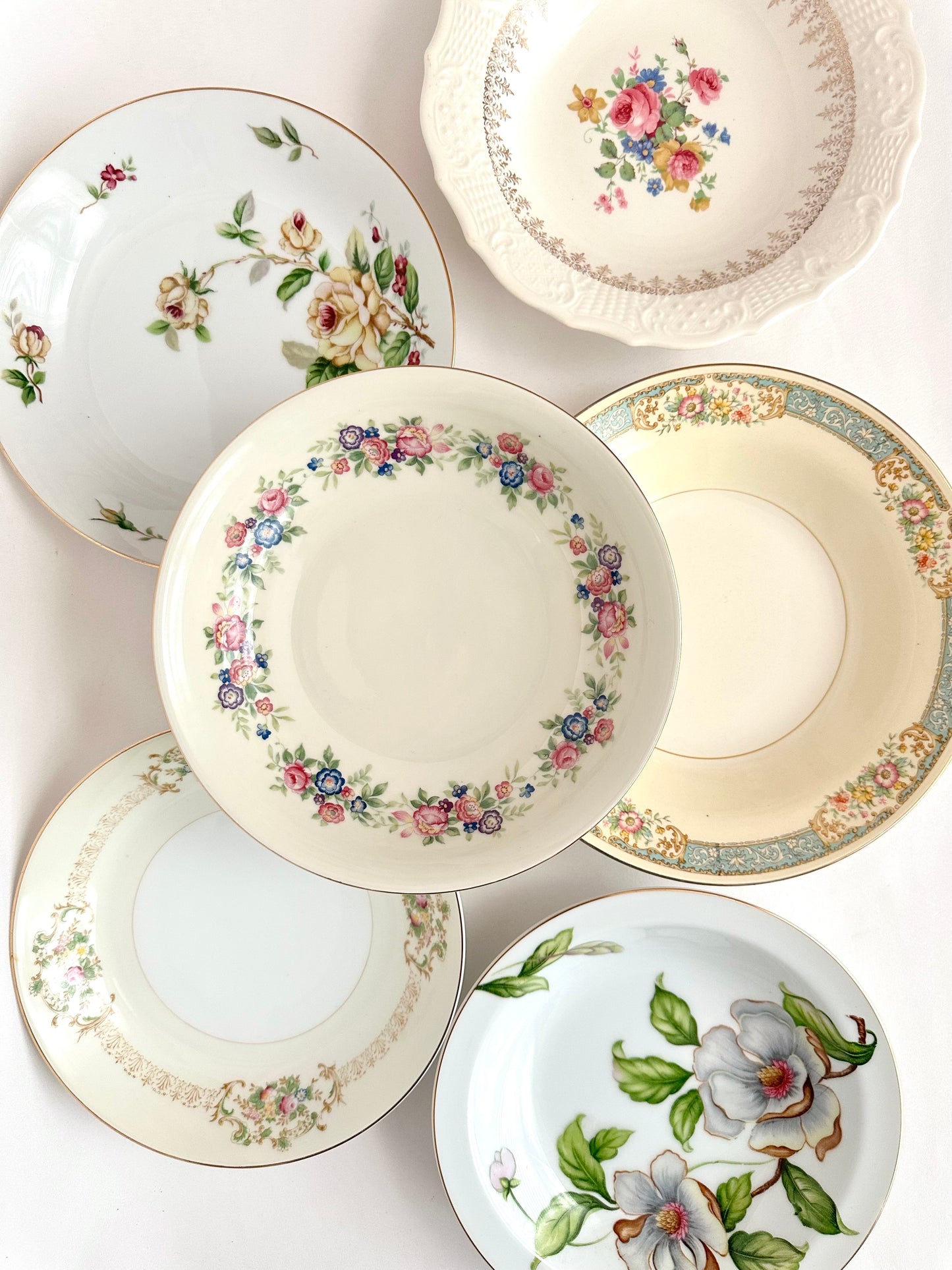 Vintage mismatched curated floral china soup bowls set of six