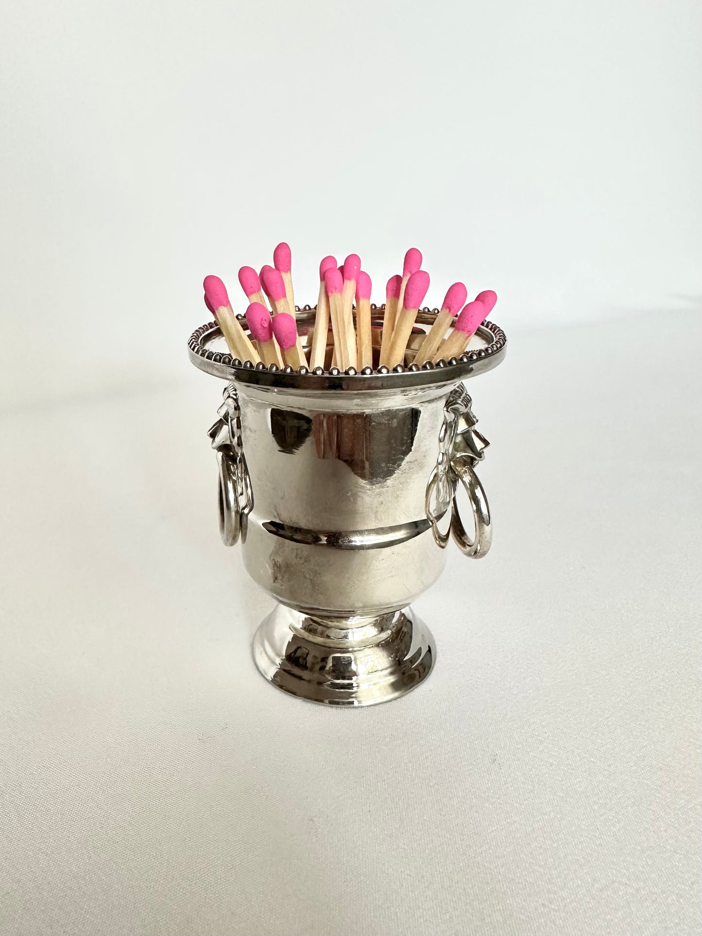 Vintage silver mini urn matchstick holder with hot pink matchstick bundle