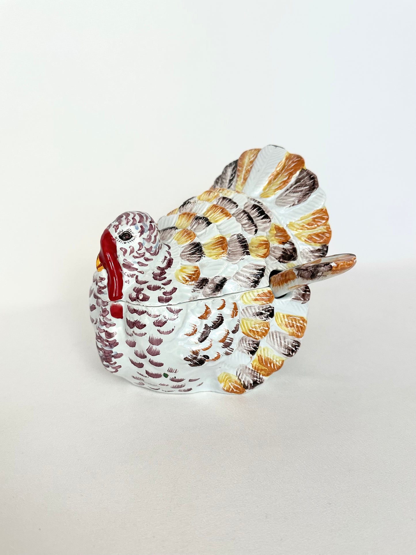 Vintage hand painted glazed pottery turkey dish with lid and serving spoon. Made in Italy.