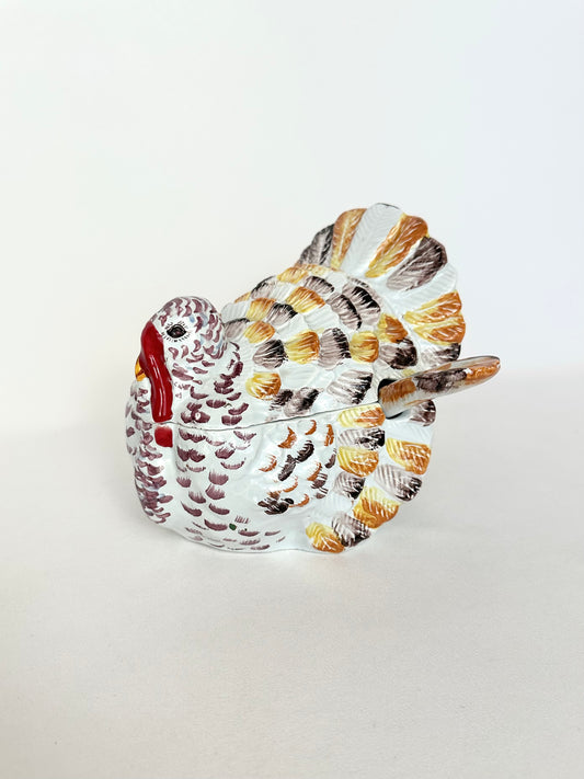 Vintage hand painted glazed pottery turkey dish with lid and serving spoon. Made in Italy.