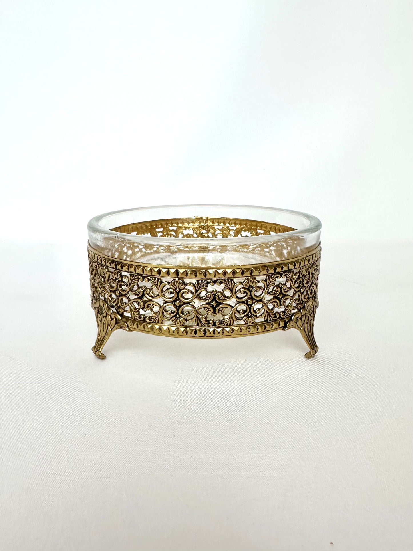 vintage gold filigree and glass footed decorative bowl