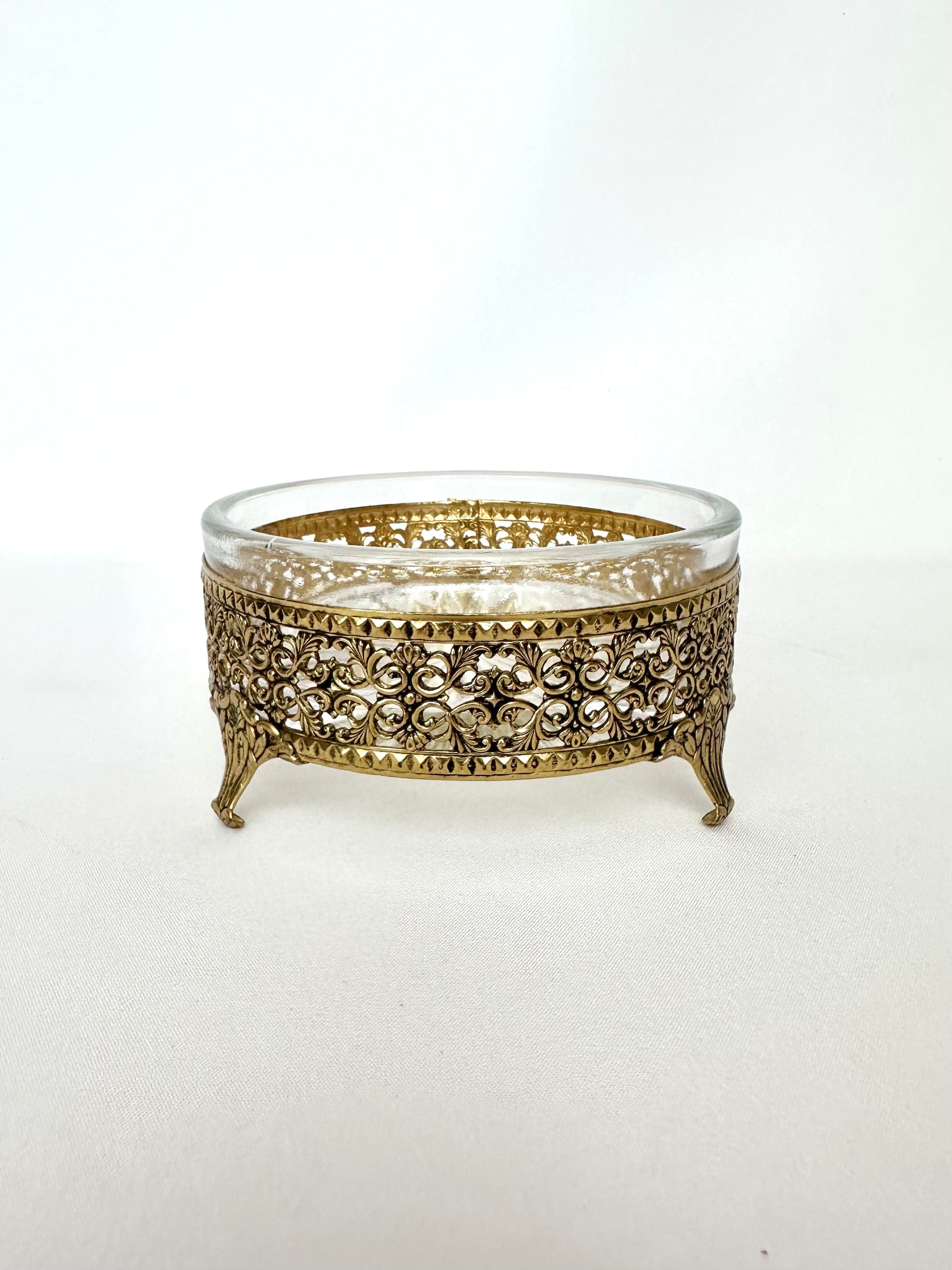 vintage gold filigree and glass footed decorative bowl
