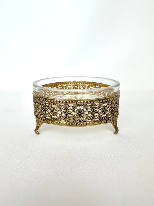 vintage gold filigree and glass footed decorative bowl