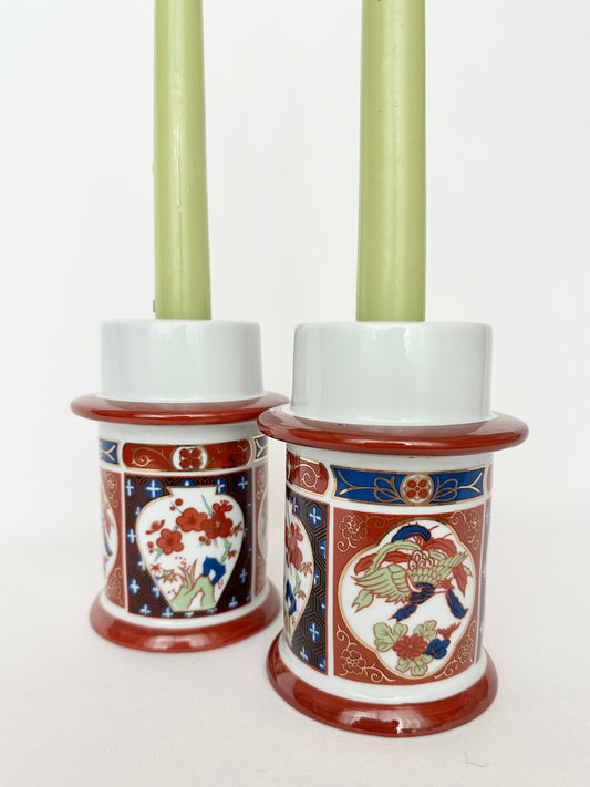 Vintage orange, white & blue chinoiserie ceramic 3 way candle holders set of 2.