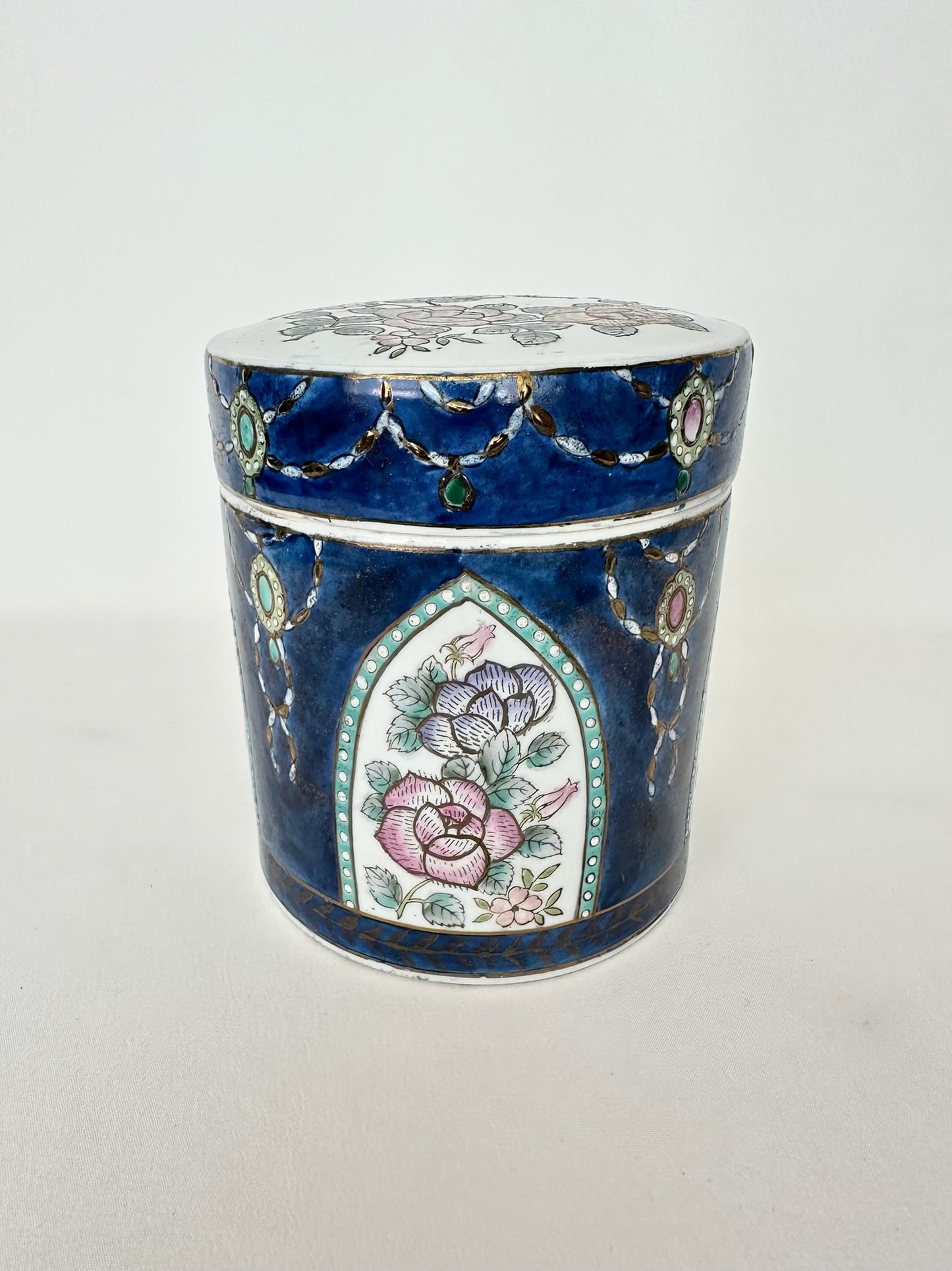 vintage chinoiserie style lidded porcelain canister with lotus flowers