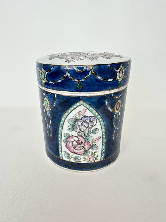 vintage chinoiserie style lidded porcelain canister with lotus flowers