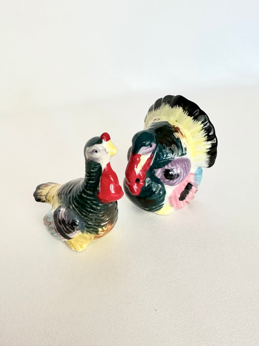Vintage ceramic hand painted colorful turkey salt and pepper shakers set of two