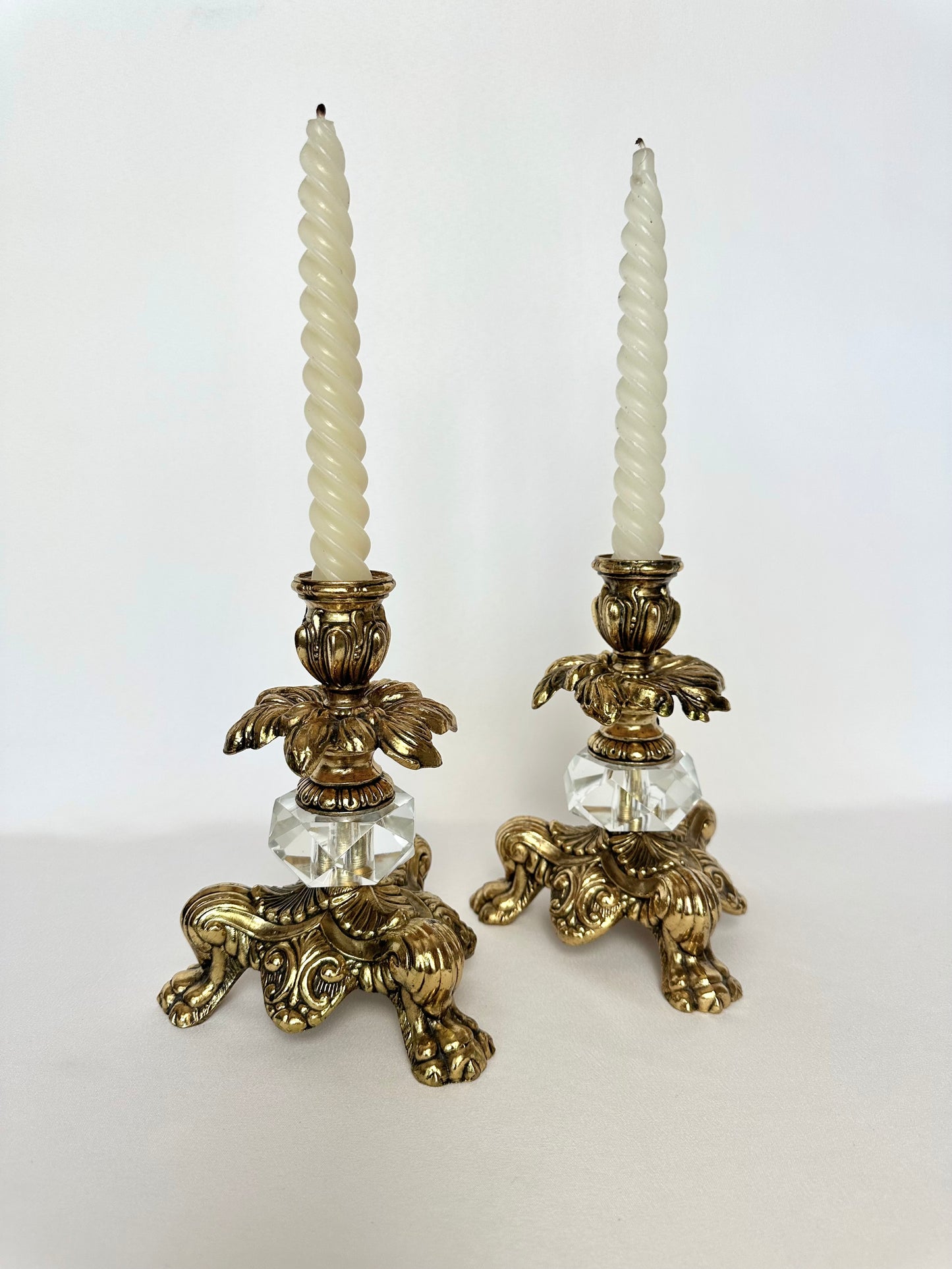 vintage heavy ornate gold metal and crystal candleholders set of two