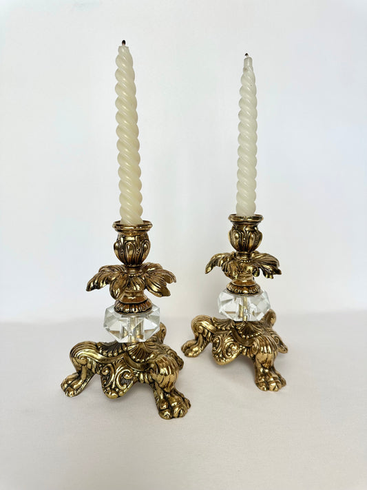 vintage heavy ornate gold metal and crystal candleholders set of two
