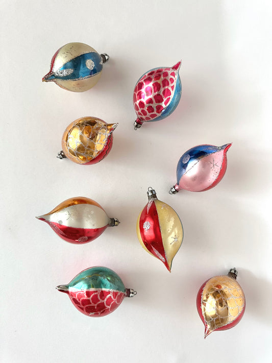 Vintage colorful teardrop christmas tree ornaments set of eight.