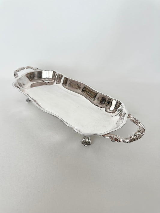 vintage rectangular silverplate small tray with handles and ornate feet
