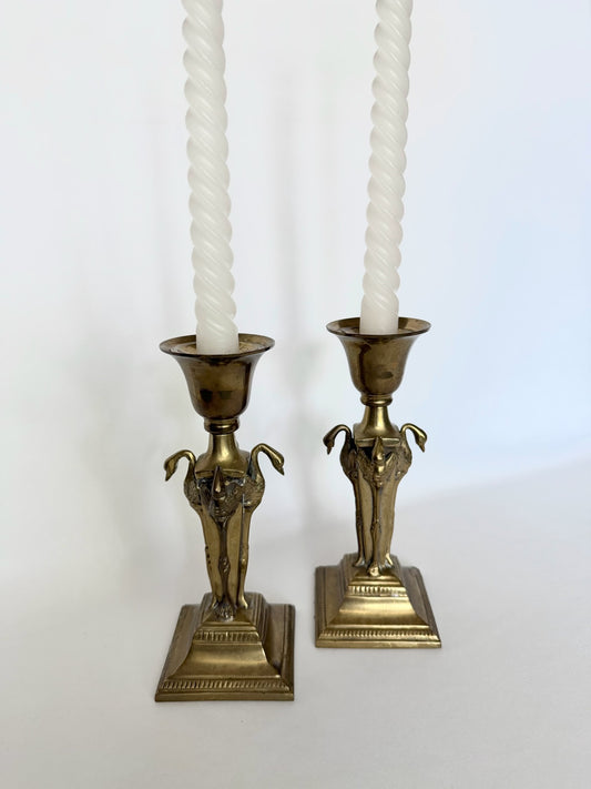 vintage brass candlesticks set of two with sculptural flamingos on four sides