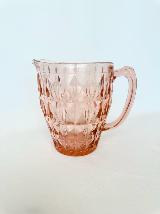 vintage blush pink diamond patterned pressed glass pitcher by Jeannette Glass
