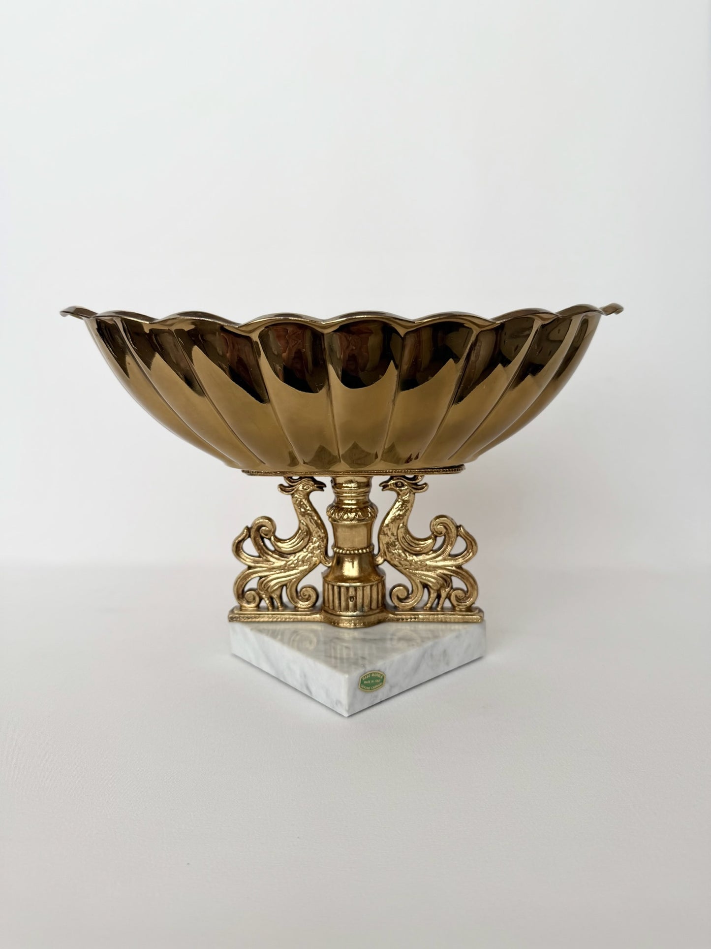 vintage fluted brass centerpiece bowl on ornate pedestal and marble base fro Italy