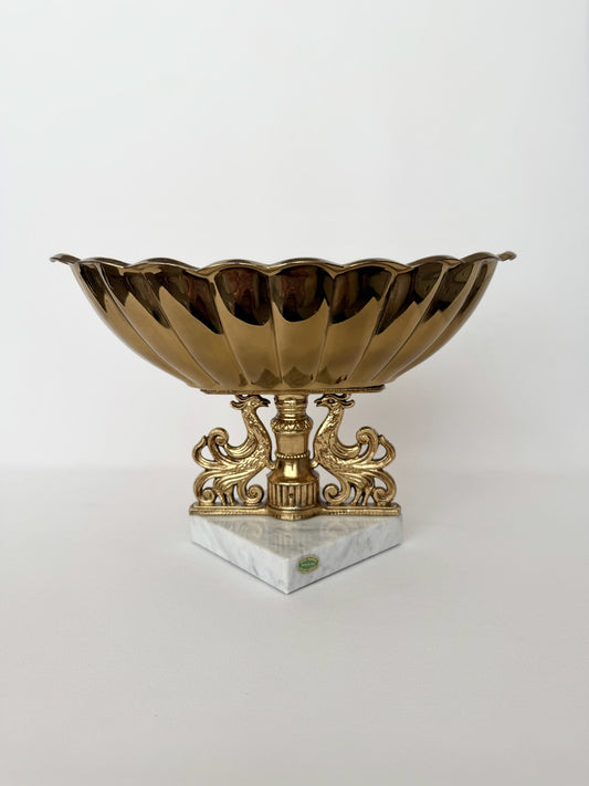 vintage fluted brass centerpiece bowl on ornate pedestal and marble base fro Italy