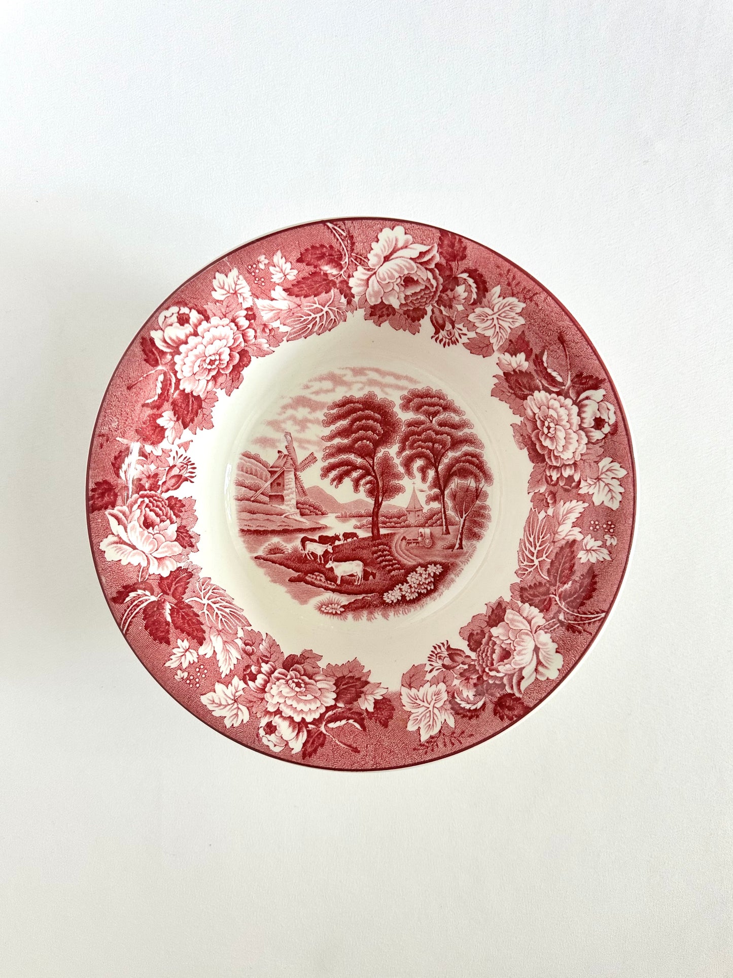 Vintage red transferware small serving bowl with English countryside scenery.