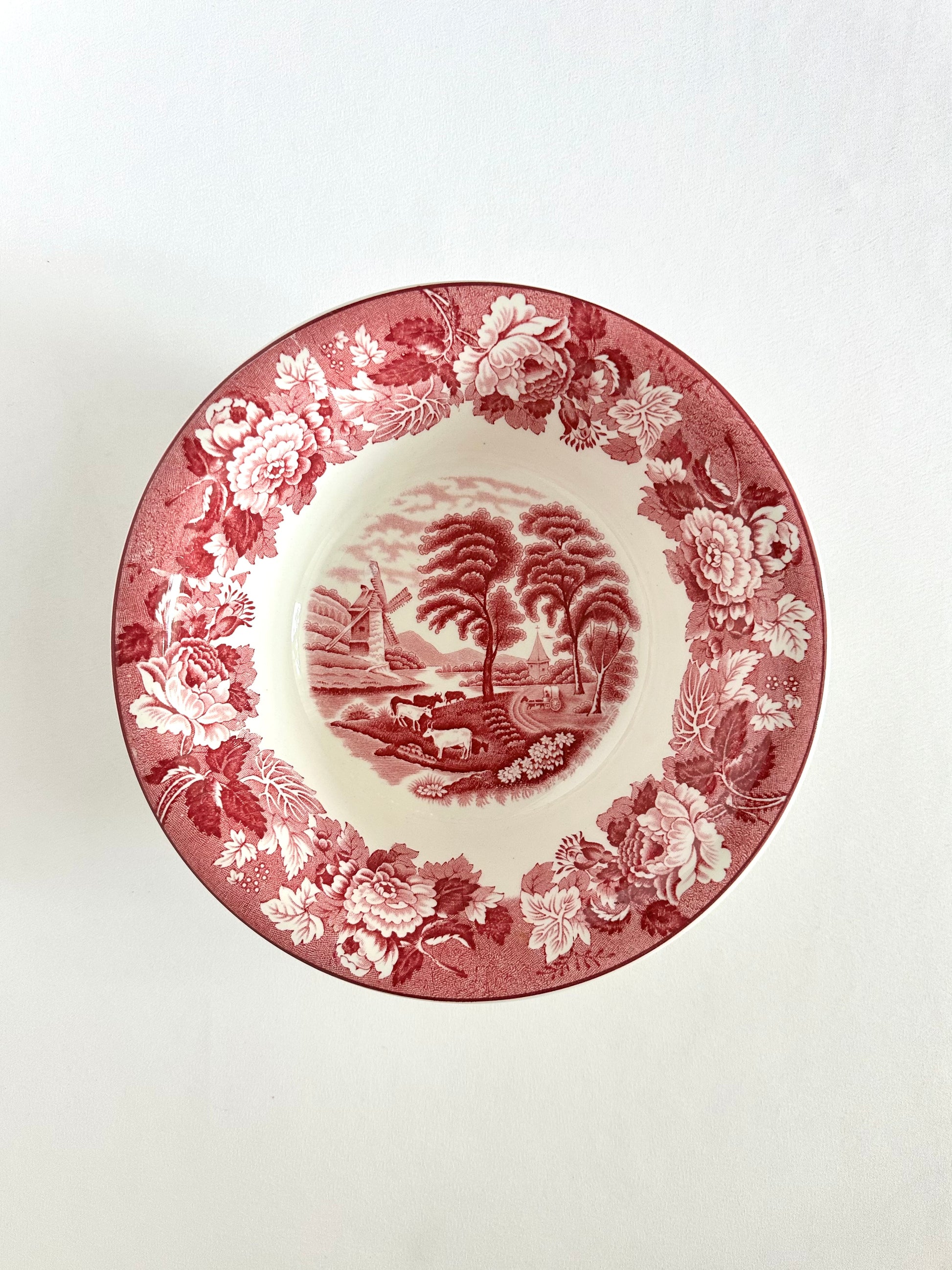 Vintage red transferware small serving bowl with English countryside scenery.