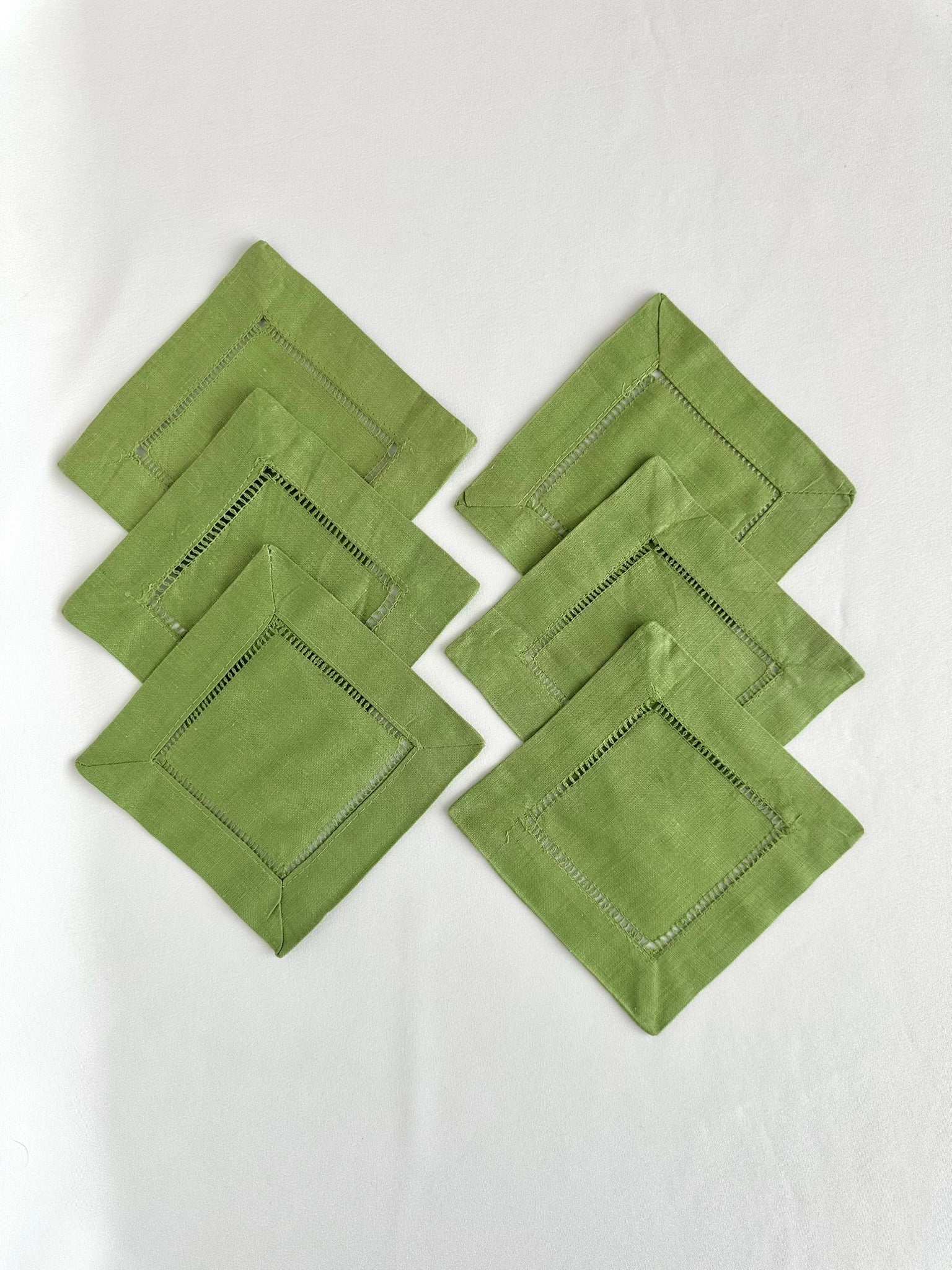 green linen hemstitched small square cocktail napkins set of six