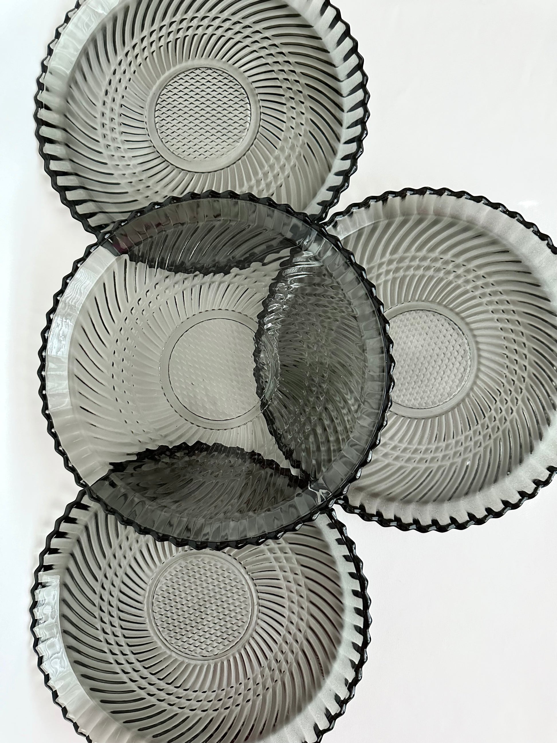 Vintage gray swirl heavy glass dinner plates set of four.