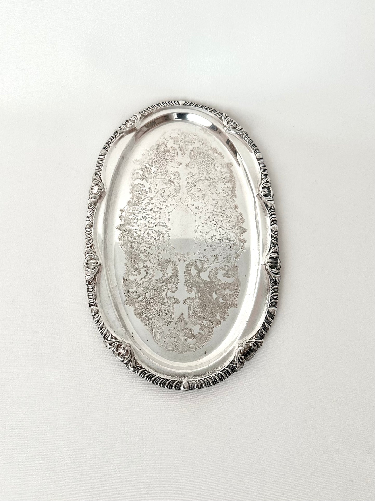 vintage small oval etched silverplate tray with scalloped edge