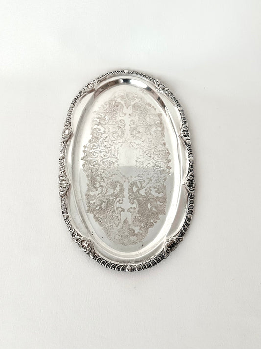 vintage small oval etched silverplate tray with scalloped edge