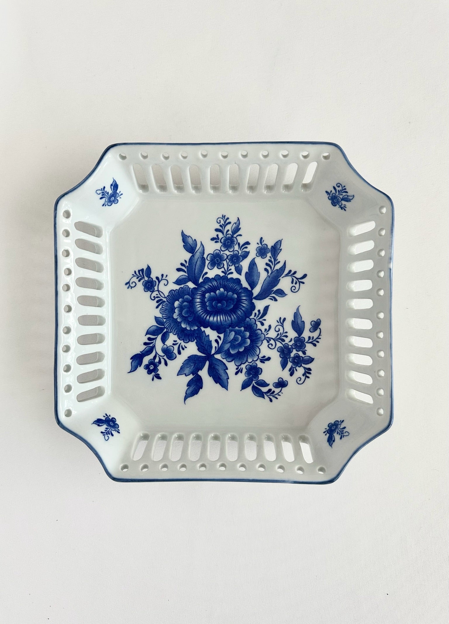 vintage blue and white chinoiserie square reticulated serving dish