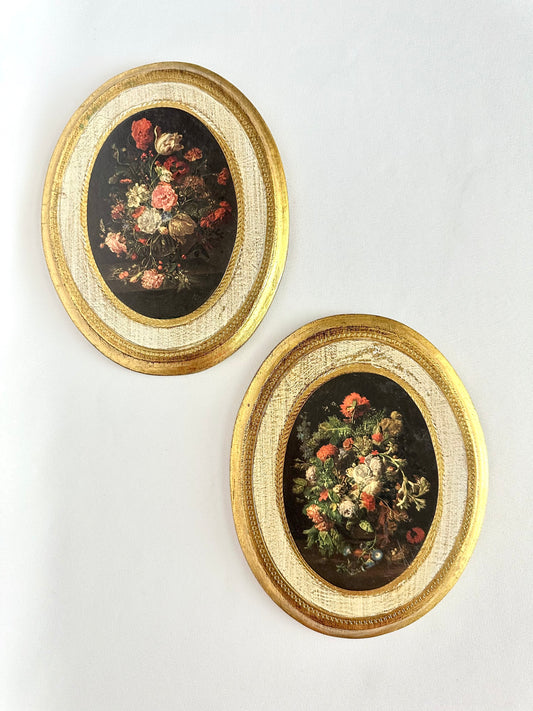 vintage wooden oval floral plaques made in italy