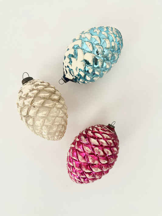 Vintage handblown glass pinecone christmas tree ornaments set of three.