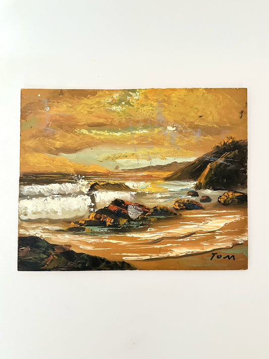 vintage unframed seascape acrylic on wood board signed by the artist