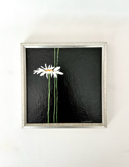 vintage framed original signed painting with daisy on a black background