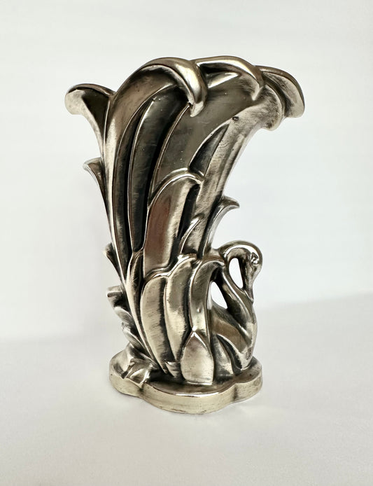 vintage deco inspired swan vase in a silvery gold metallic glaze