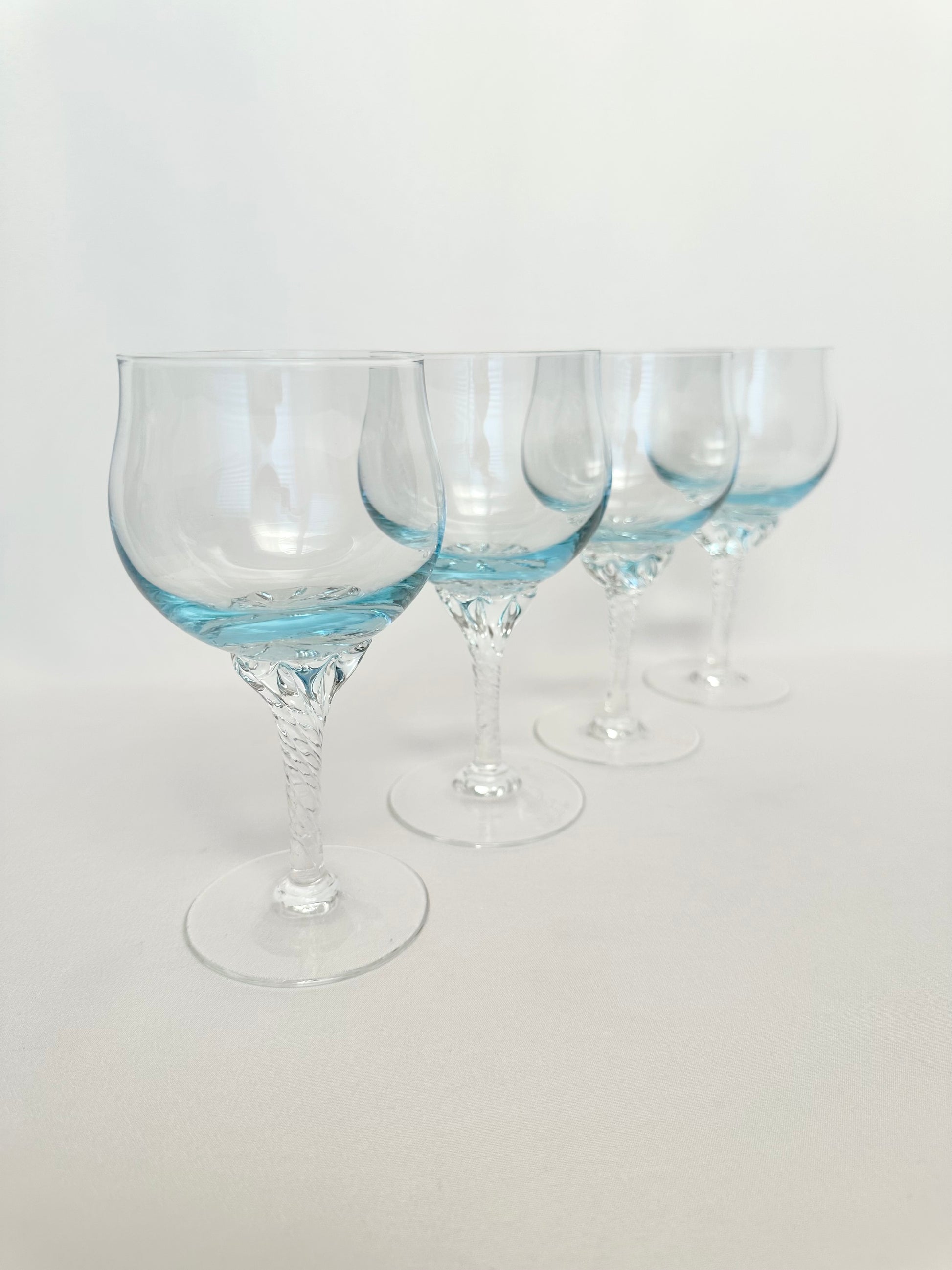 Vintage light blue crystal twist stem wine goblets set of four