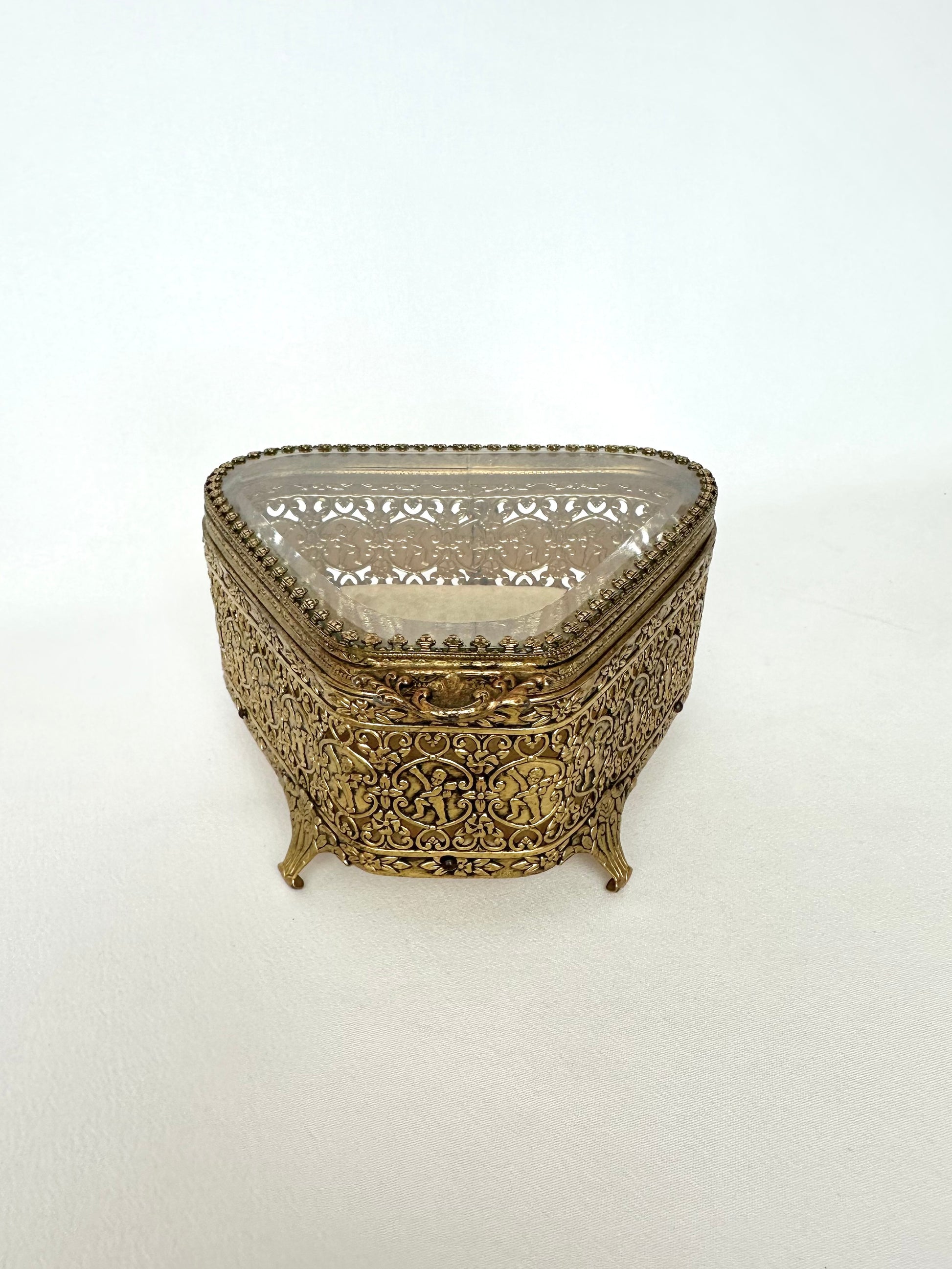 vintage gold ormolu  and beveled glass lidded jewelry casket