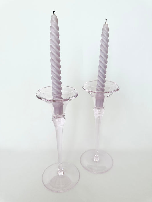 Vintage tall light pink crystal candlestick holders set of two