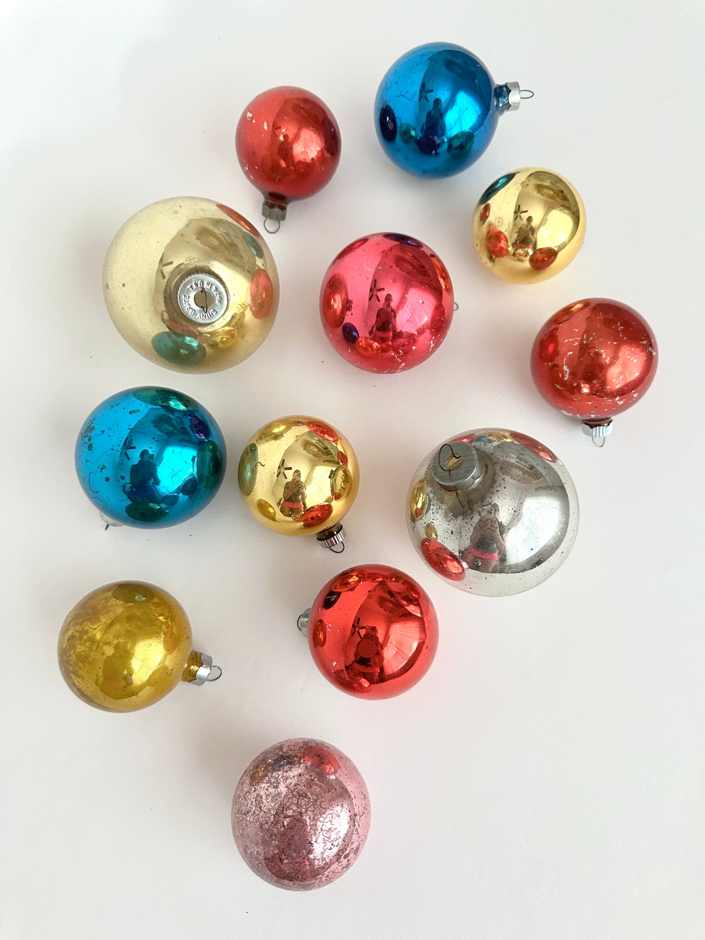 Vintage multi colored assorted glass Christmas ball ornaments set of twelve.