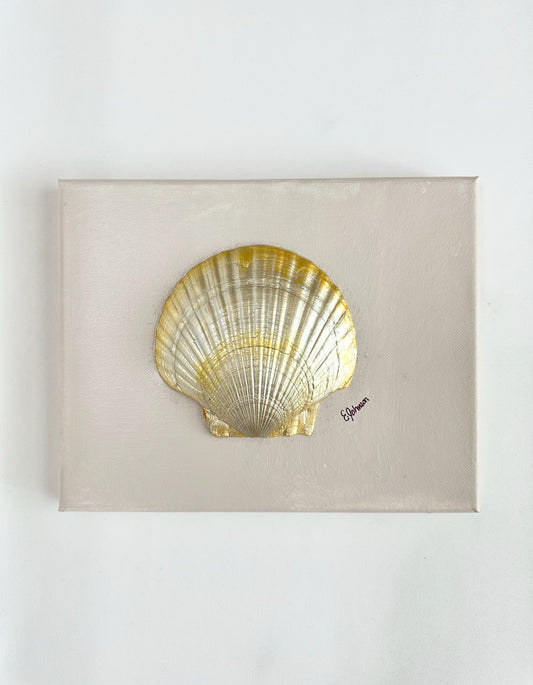painted canvas with mounted, gilded clamshell. artist signed