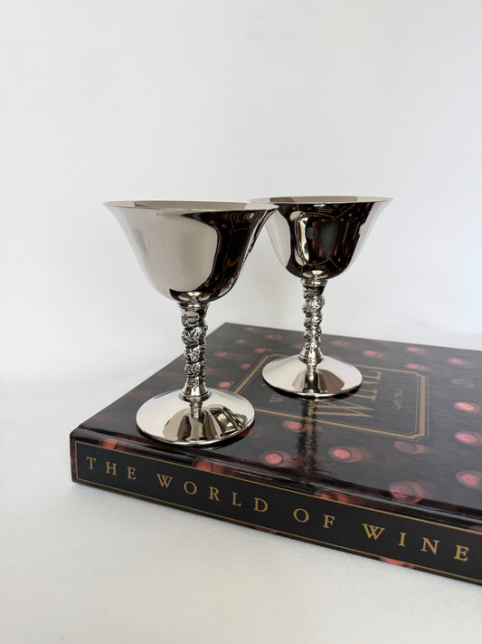 pair of vintage silverplate coupe or cocktail glasses with stem detail