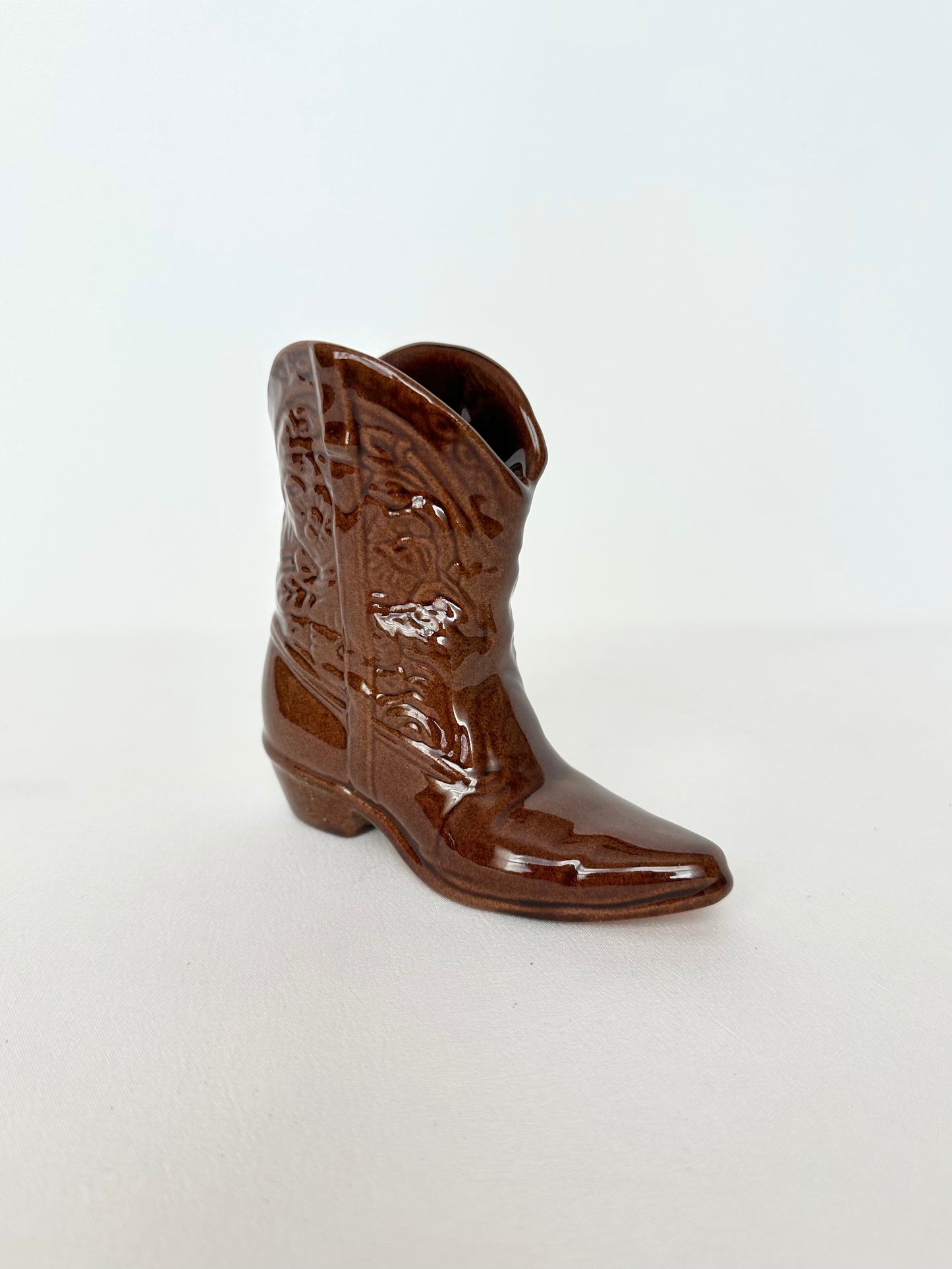 Vintage tan/brown glazed ceramic small cowboy boot figurine