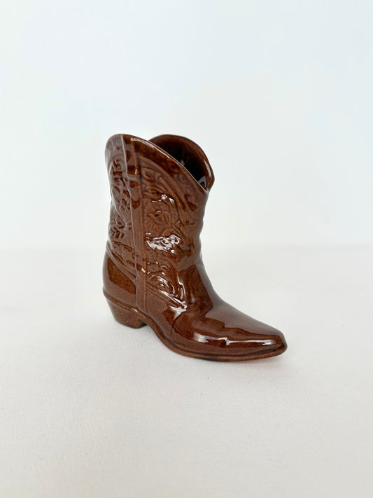 Vintage tan/brown glazed ceramic small cowboy boot figurine