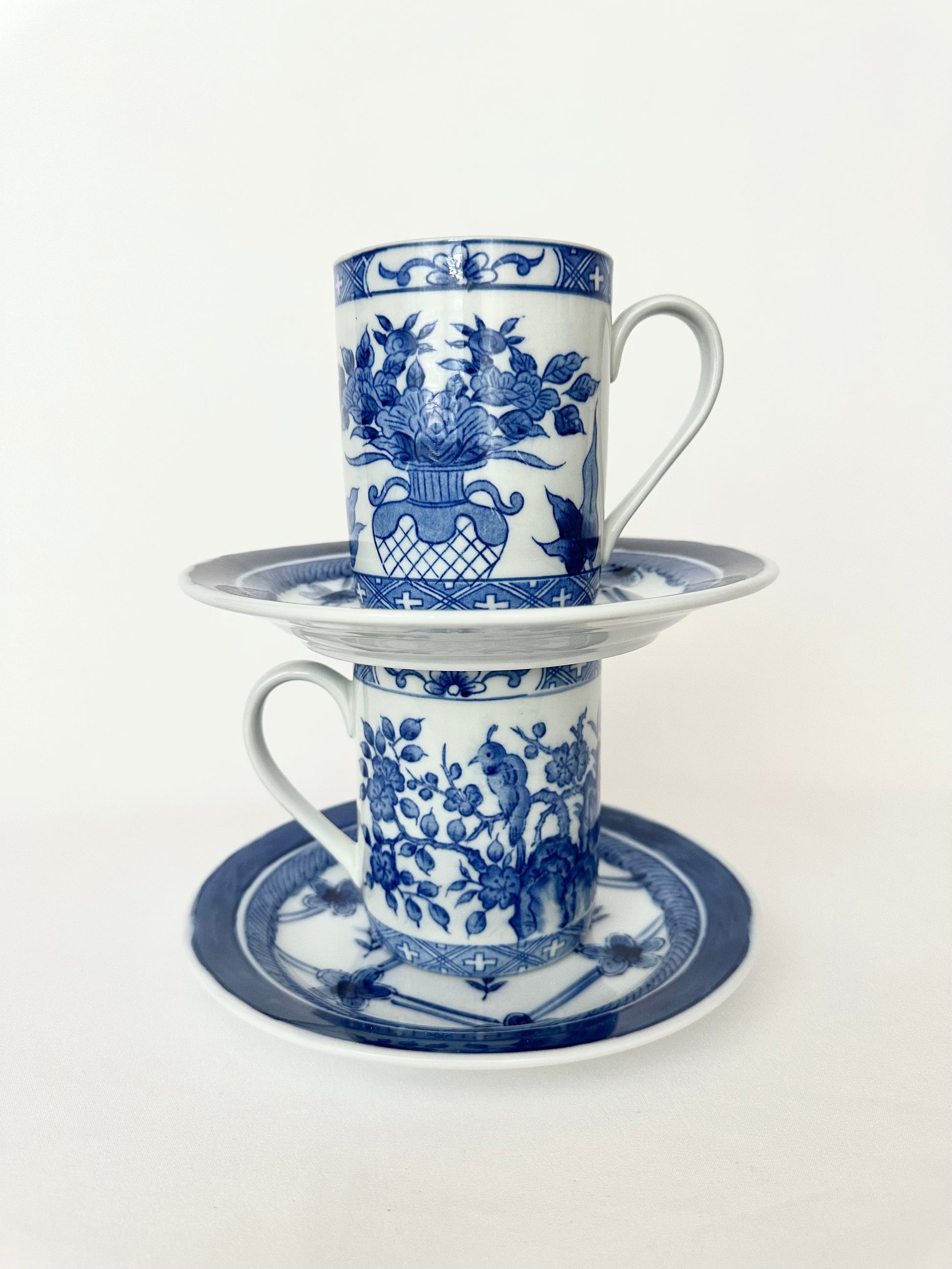 Vintage mixed China blue and chinoiserie coffee mugs and small plates/saucers set of two.