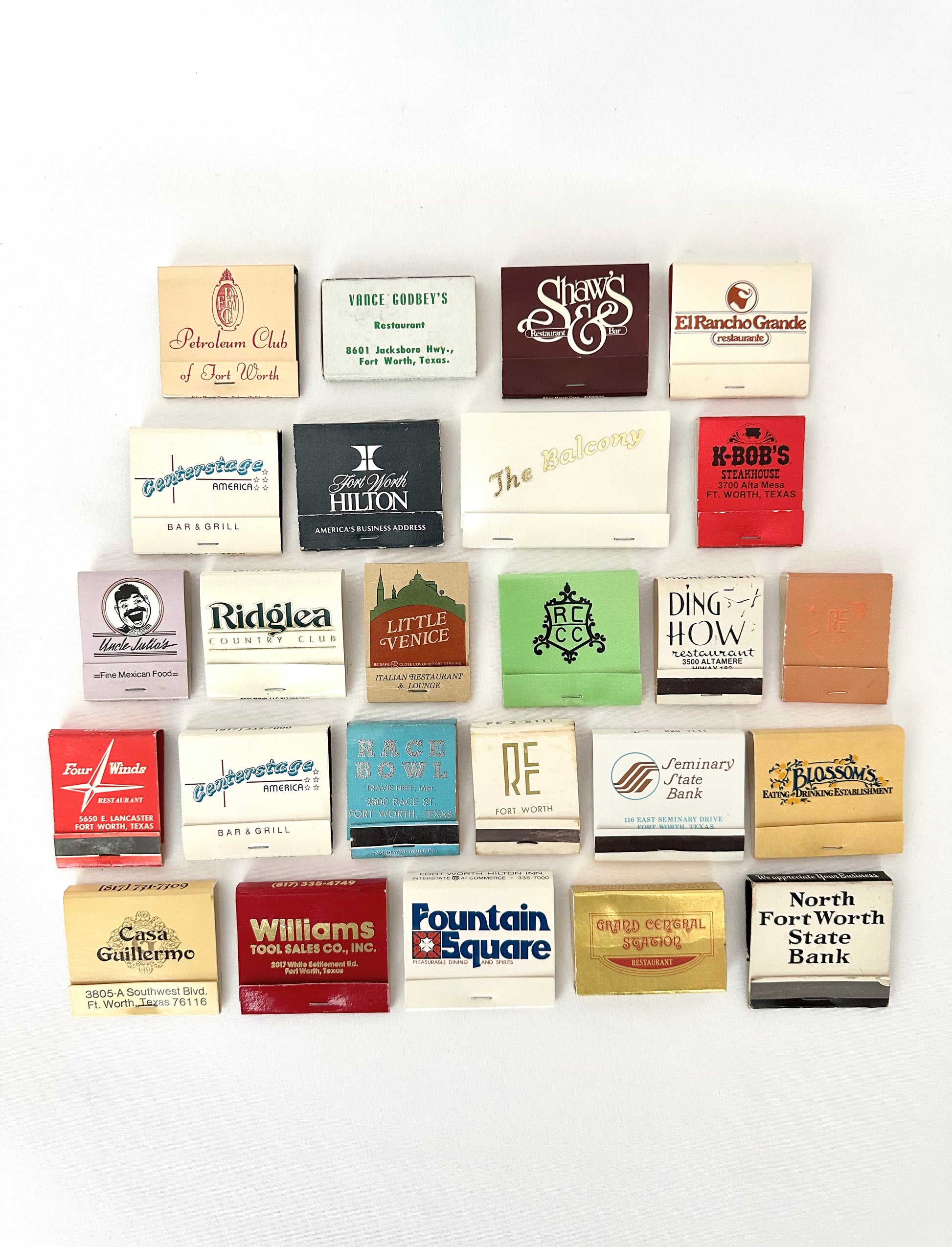 Collection of  25 vintage matchbooks with various designs and text from Fort Worth Texas businesses  & establishments