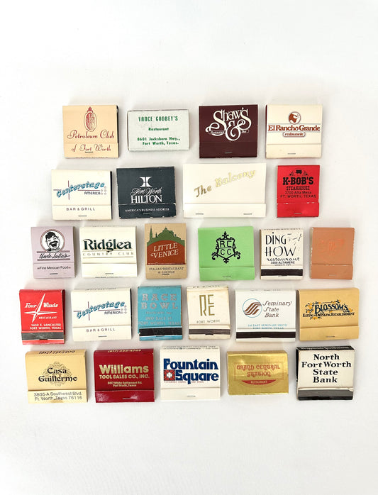 Collection of  25 vintage matchbooks with various designs and text from Fort Worth Texas businesses  & establishments