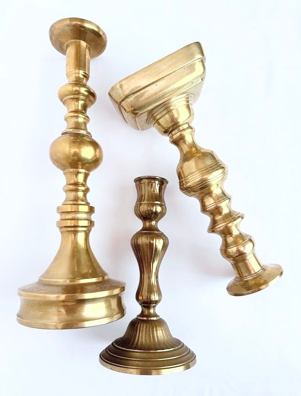 vintage brass set of 3 mismatched candlestick holders with patina