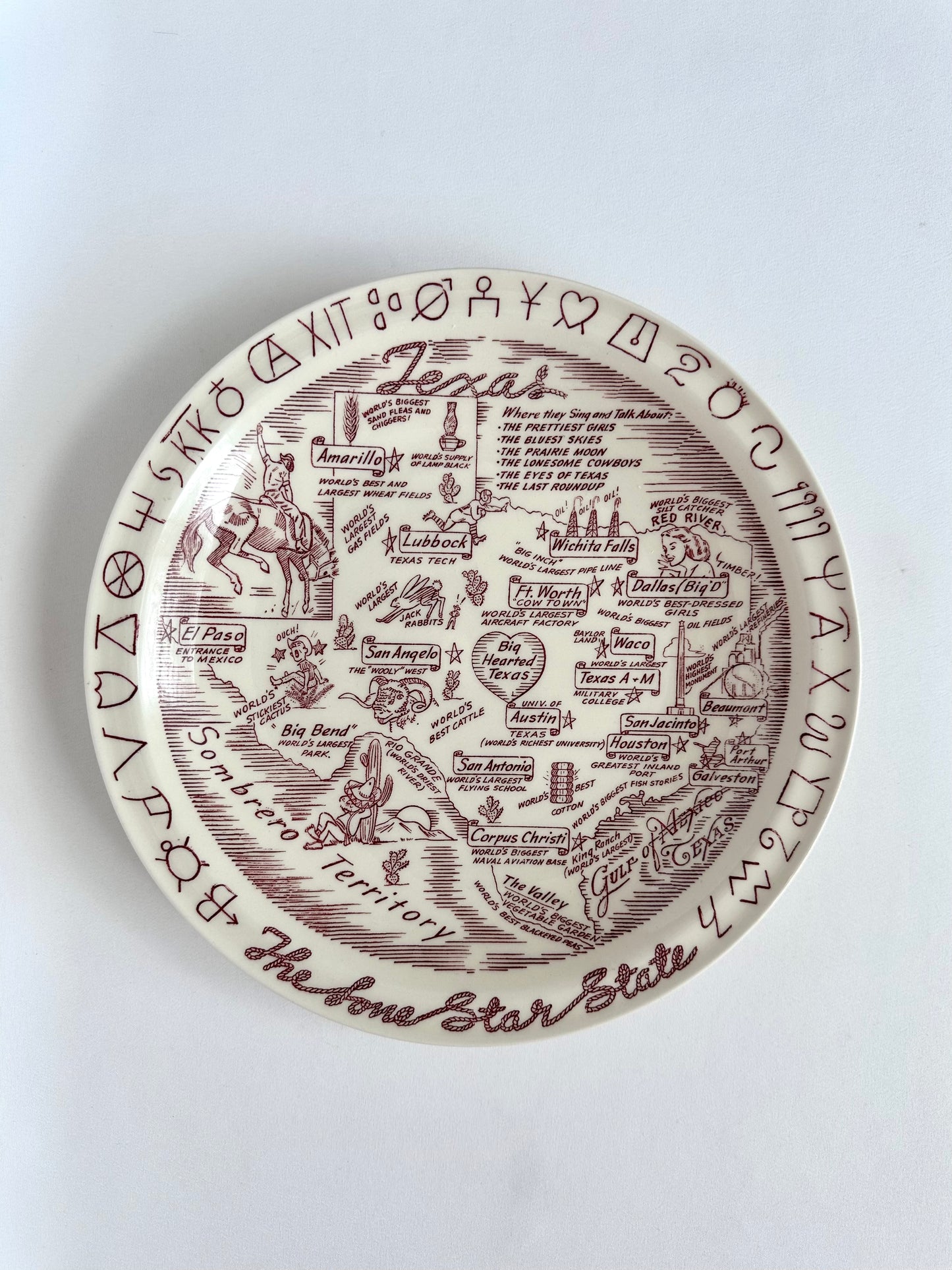 Vintage Texas souvenir plate with iconic state images in red transferware pattern