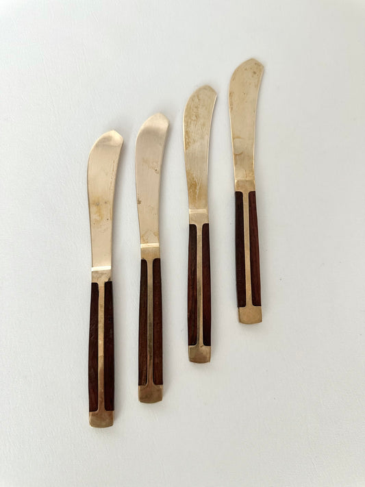 vintage teak and brass spreader knives set of four