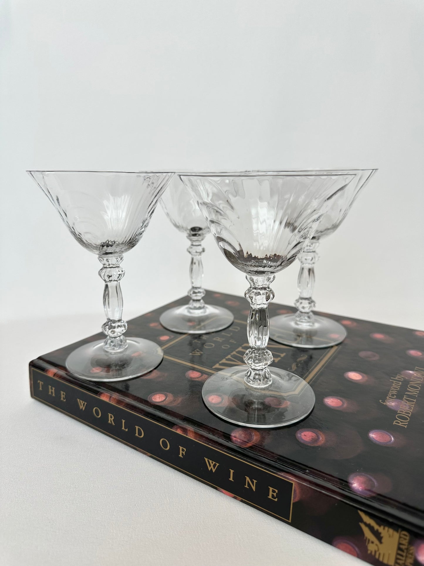 vintage deco style blown crystal optic swirl cocktail coupes set of four
