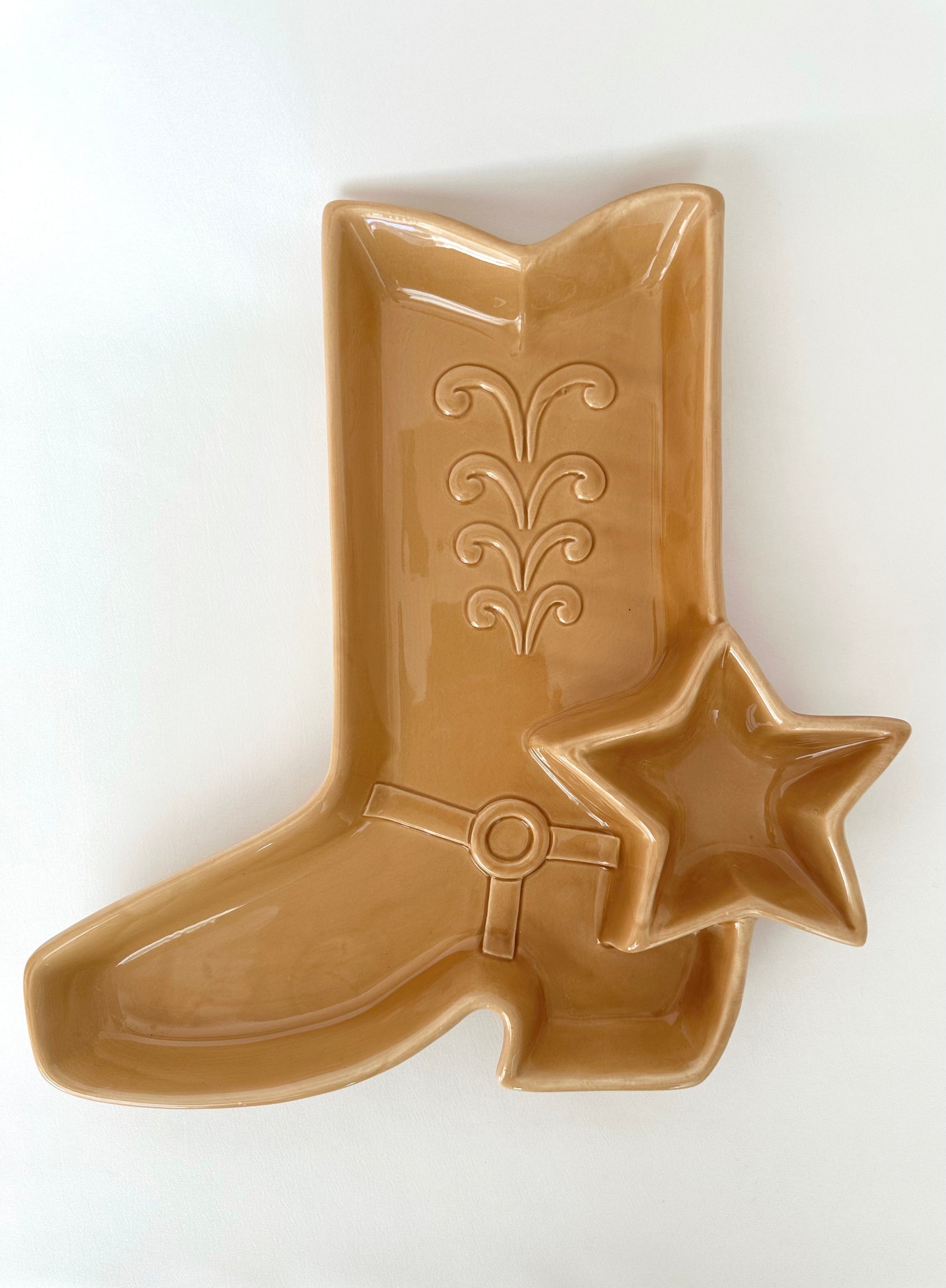 Vintage glazed pottery large cowboy boot chip and dip platter